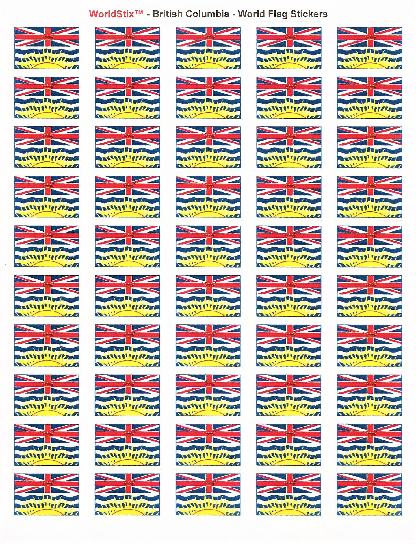 100 British Colombia Flag Stickers; 1.5" x 1" Self-Adhesive World Flag Scrapbook Stickers, Two Sheets of 50, 100 Sticker Decal Flags