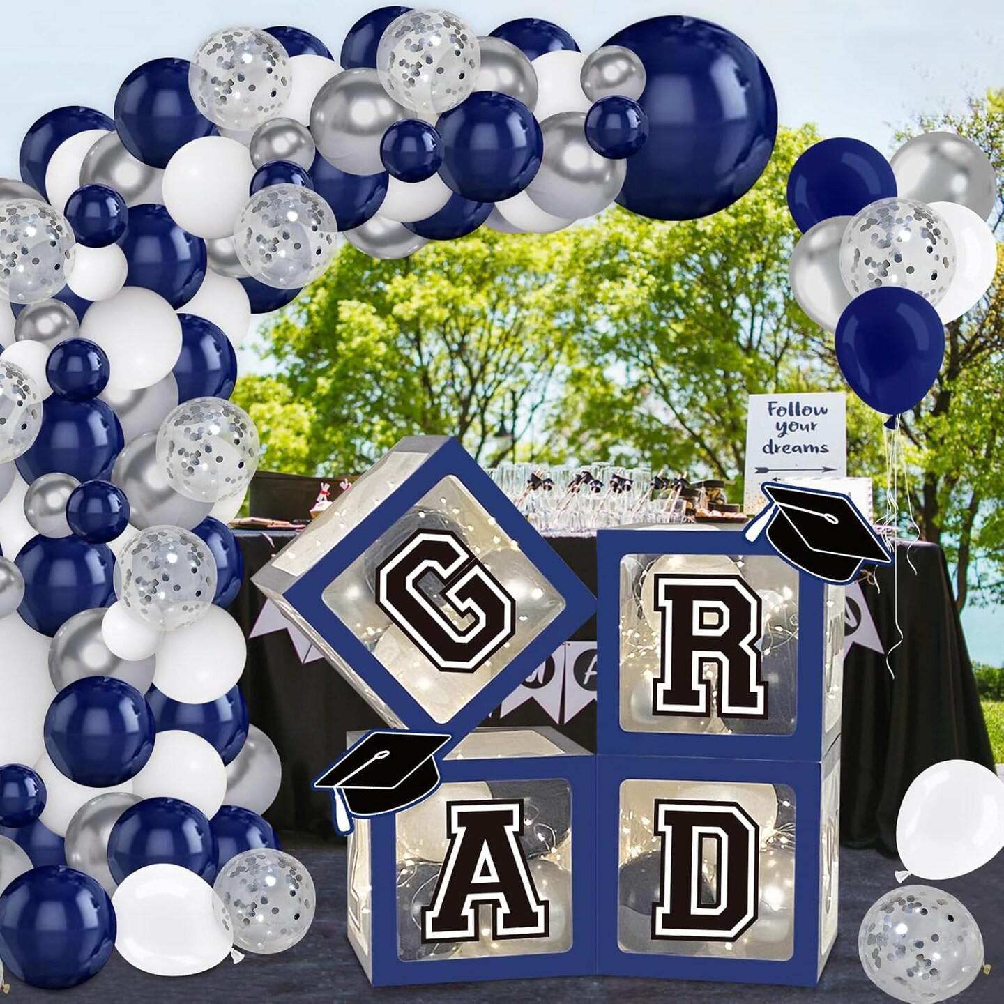 Graduation Party Balloons 2026 – Navy Blue 4-Box Balloon Arch Garland Kit with “So Proud of You” Lights & Class of 2026 Decorations