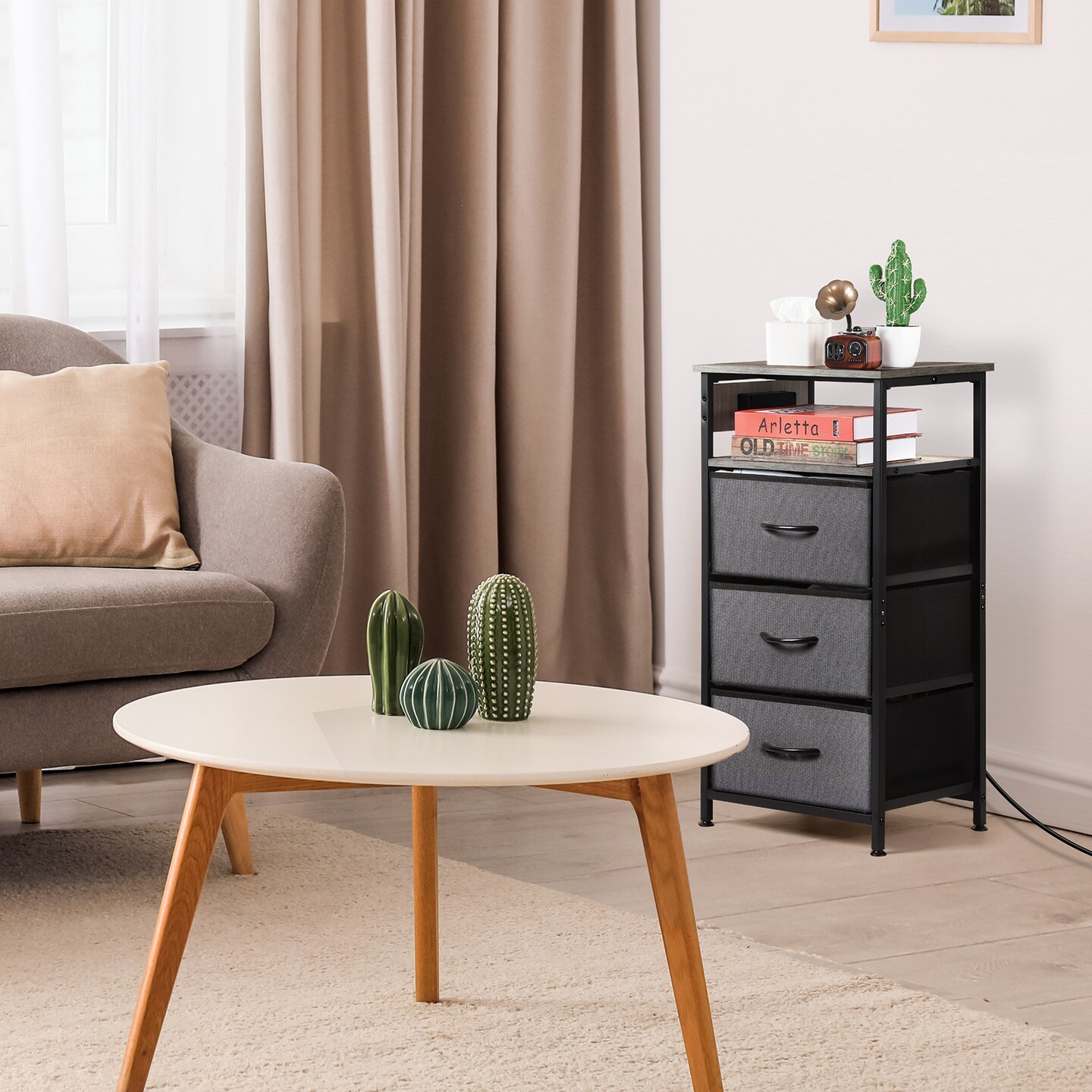 3-Drawer Nightstand with Charging Station, 30" Tall Bedside Table with USB Ports & Fabric Drawers