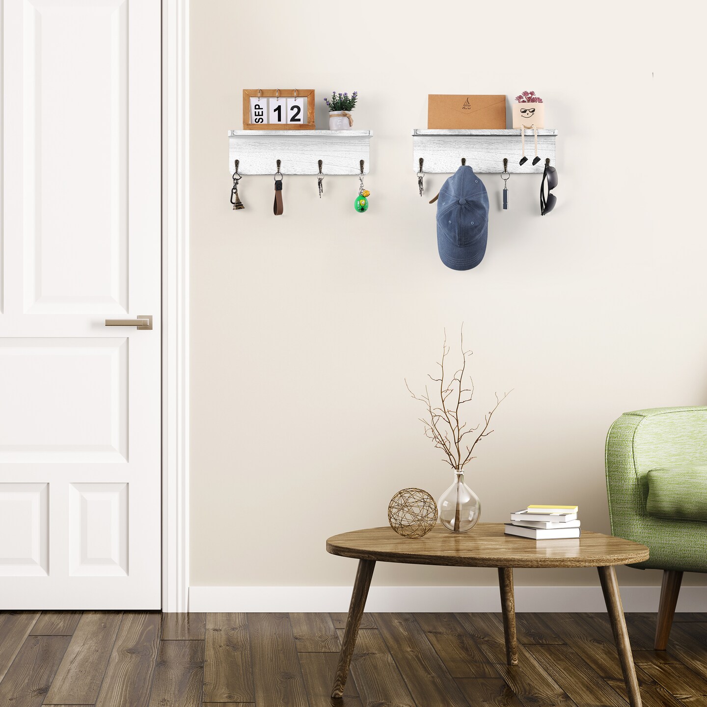 Set of 2 Whitewashed Wood Wall Shelves with 4 Hooks, Rustic Entryway Organizer
