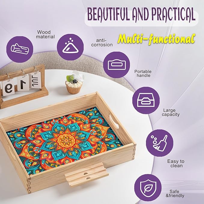 Diamond Art Kits for Adults - DIY Mandala Wooden Serving Tray with Handles & Phone Holder - 5D Big Gem Painting Arts and Crafts Set - 12.2x16.1 Inches Home Decor Gift