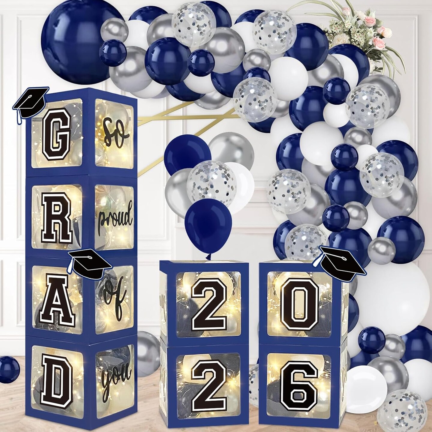 Graduation Party Balloons 2026 – Navy Blue 4-Box Balloon Arch Garland Kit with “So Proud of You” Lights & Class of 2026 Decorations