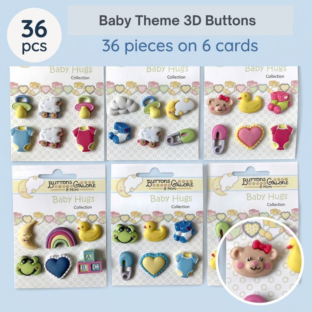 Buttons Galore Baby Hugs Button Set – 36-Piece Baby-Themed Craft & Sewing Buttons, Includes Ducks, Booties & Pacifiers for DIY, Scrapbooking & Nursery Decor