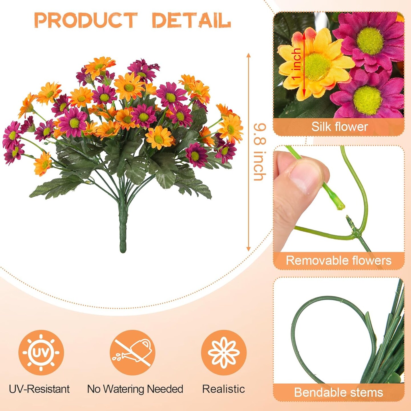 6 Bundles UV-Resistant Artificial Mums Daisy Flowers – Faux Silk Purple & Orange Spring Fall Plants for Outdoor Porch, Patio, Garden & Window Box Decor
