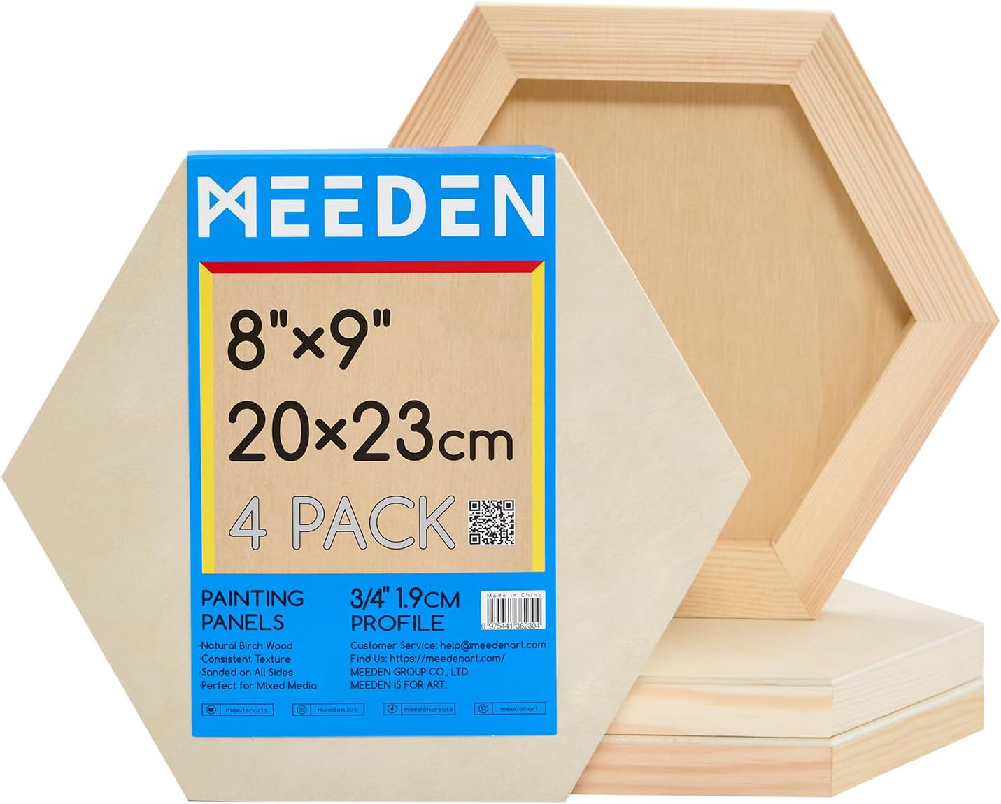 Hexagon Wood Canvas Panels: 3/4" Deep Wooden Canvas Panels - 4-Pack Cradled Wood Art Boards for Pouring Art, Crafts, Painting (8x9 inches)