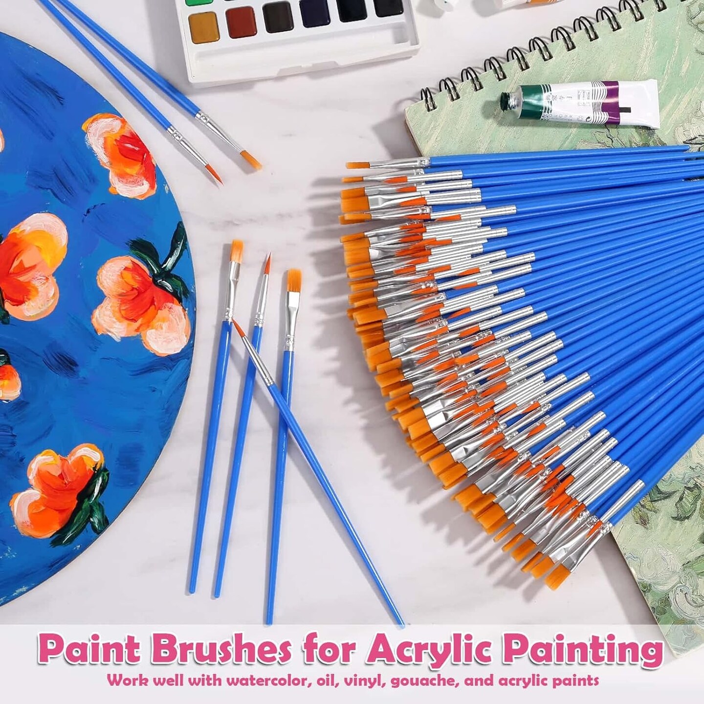 126 Pcs Small Paint Brushes Bulk, Flat and Round Pointed Paint Brushes Set for Kids Craft Brushes for Classroom Acrylic Oil Watercolor Canvas Face Painting