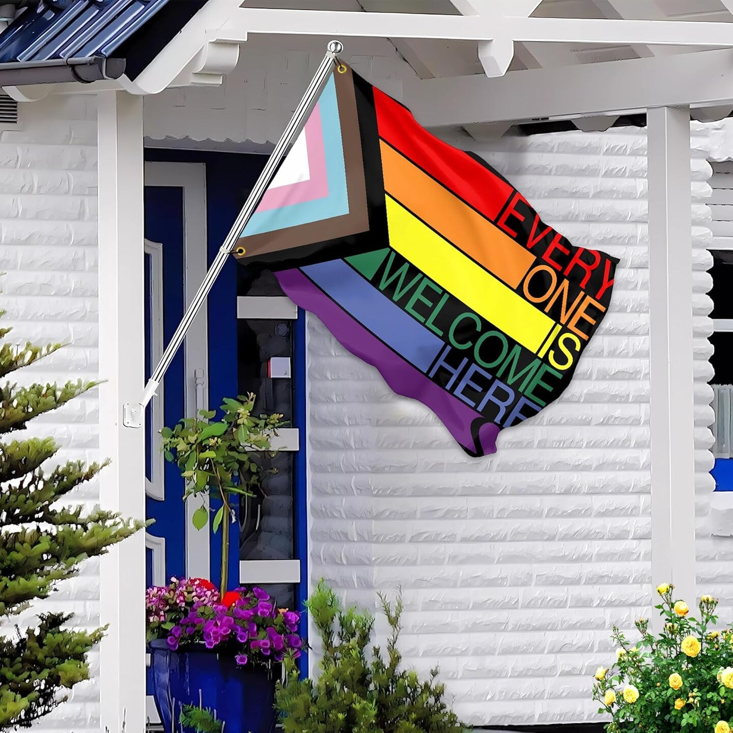 Everyone Is Welcome Here Flag 3x5 Ft Outdoor Progress Pride Flag Polyester Double Sided LGBTQ Pansexual Rainbow Flags for Indoor House Yard Outside Banner Decor