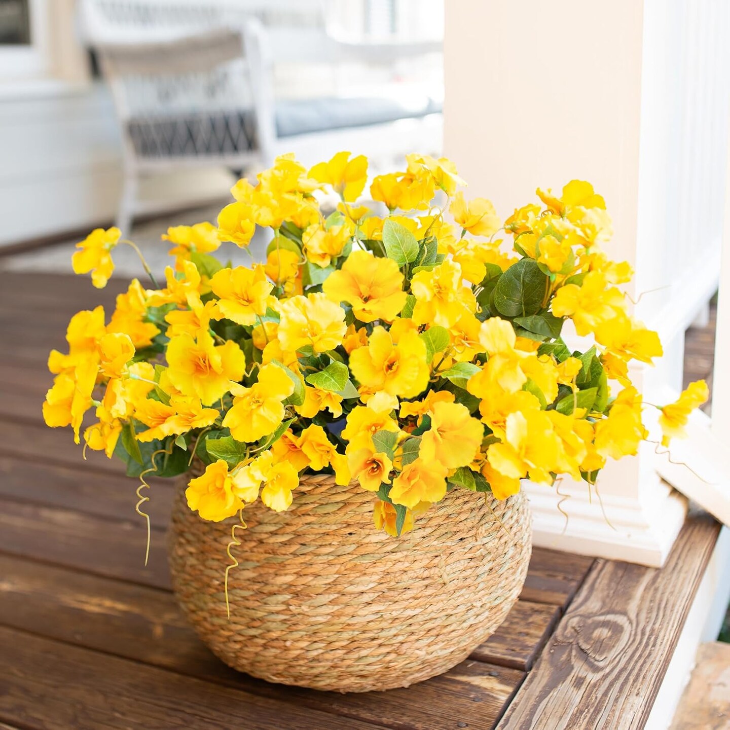 Artificial Flowers Plants for Outdoors Decor, 6 Bundles Silk Hibiscus Bouquet (Yellow) 12"D x 12"W x 6"H