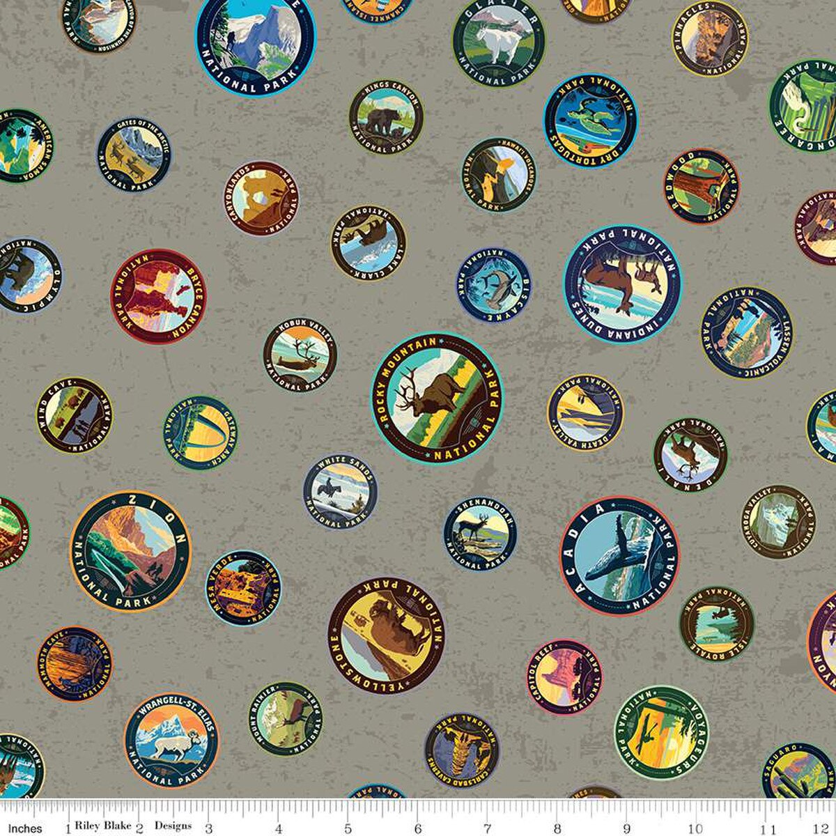 Emblems in Gray (cd13292-gray) | National Parks | Anderson Design Group | Riley Blake