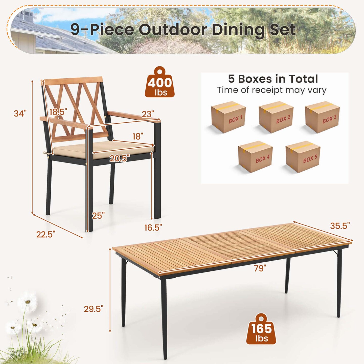 Costway 9 PCS Patio Dining Set Table with 1.9" Umbrella Hole & 8 Dining Chairs Outdoor