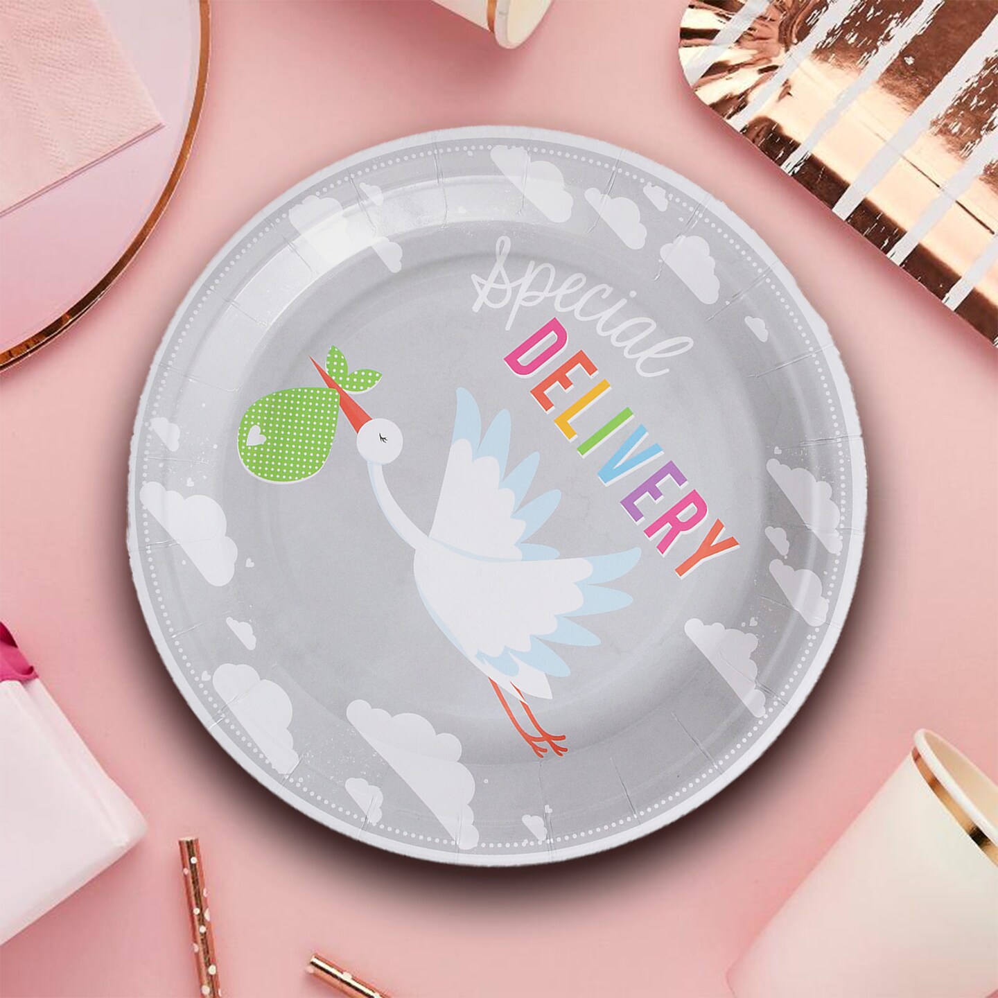 8 Ct.Bundle of Joy Stork Baby Shower Paper Dinner Disposable Plates 9"