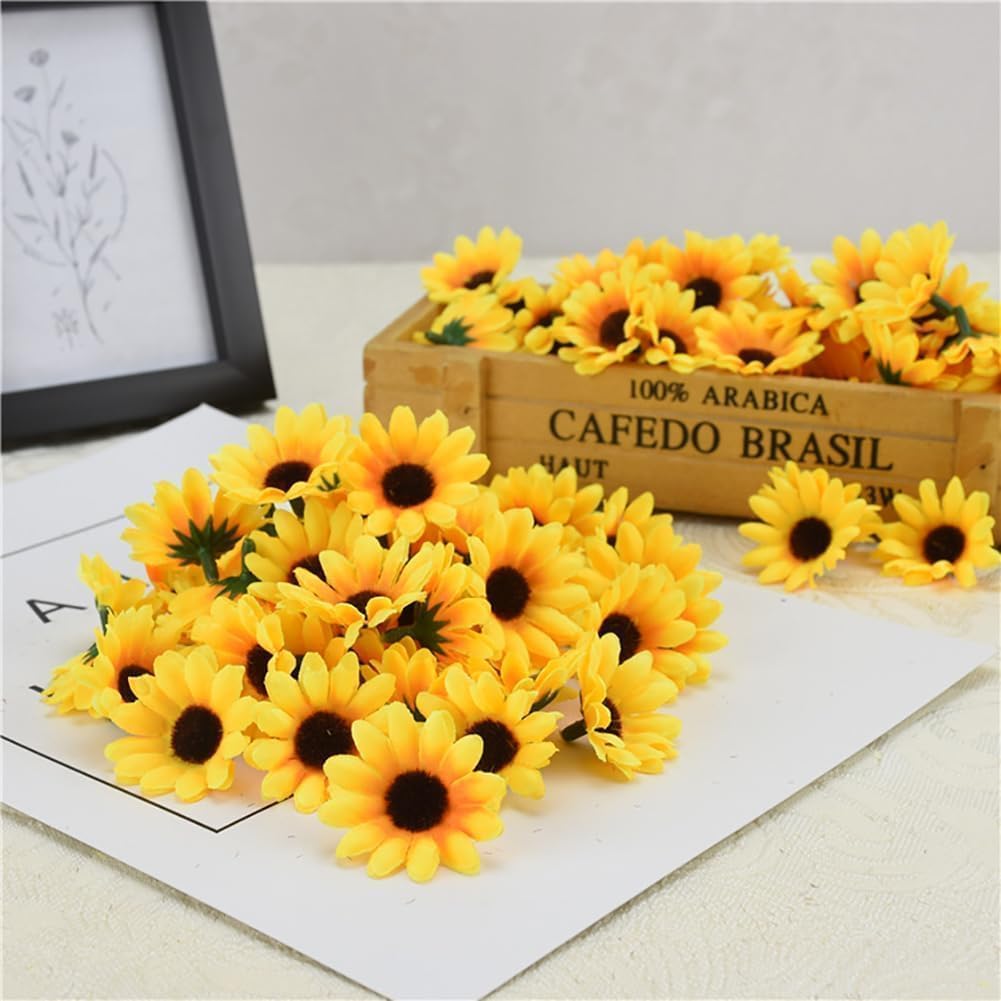 100Pcs Yellow Artificial Flower Heads Mini Fake Sunflower Decorative (Yellow) 1"D x 1"W x 0.2"H