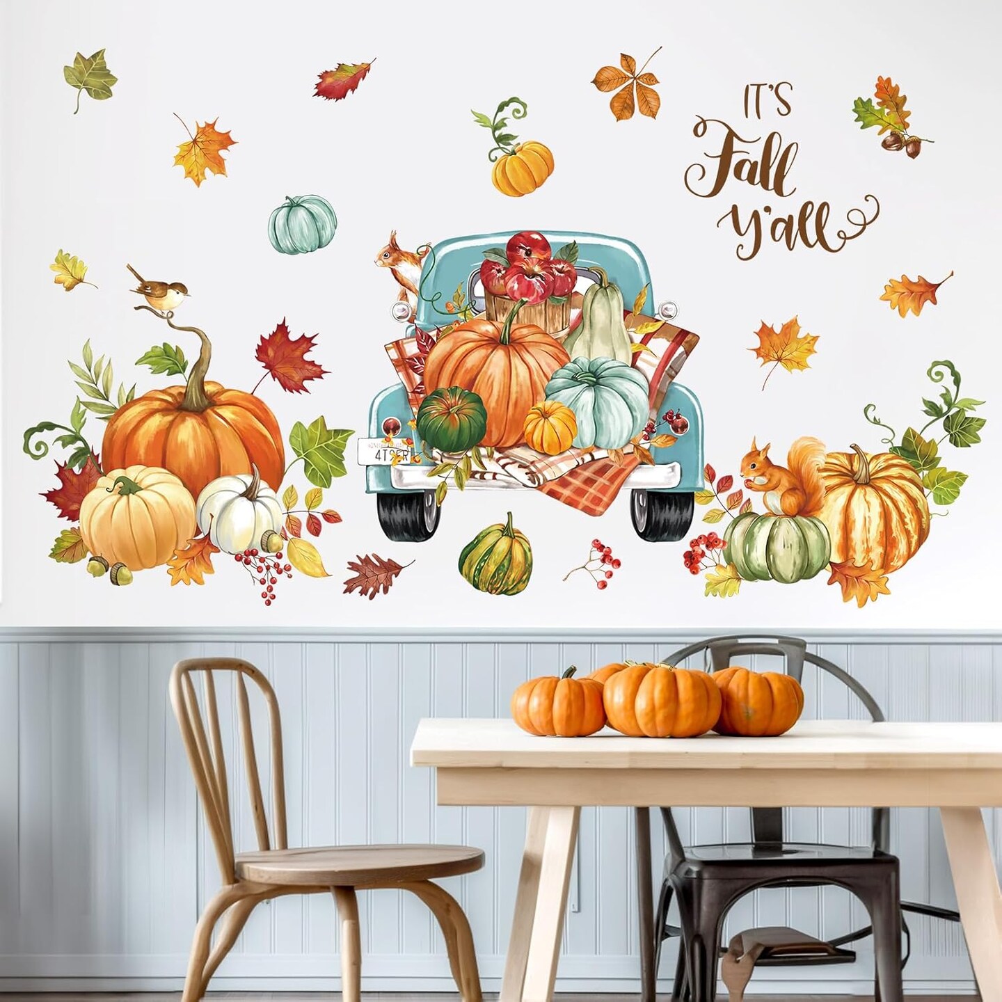 Fall Thanksgiving Pumpkin Wall Stickers Autumn Leaves Truck Peel