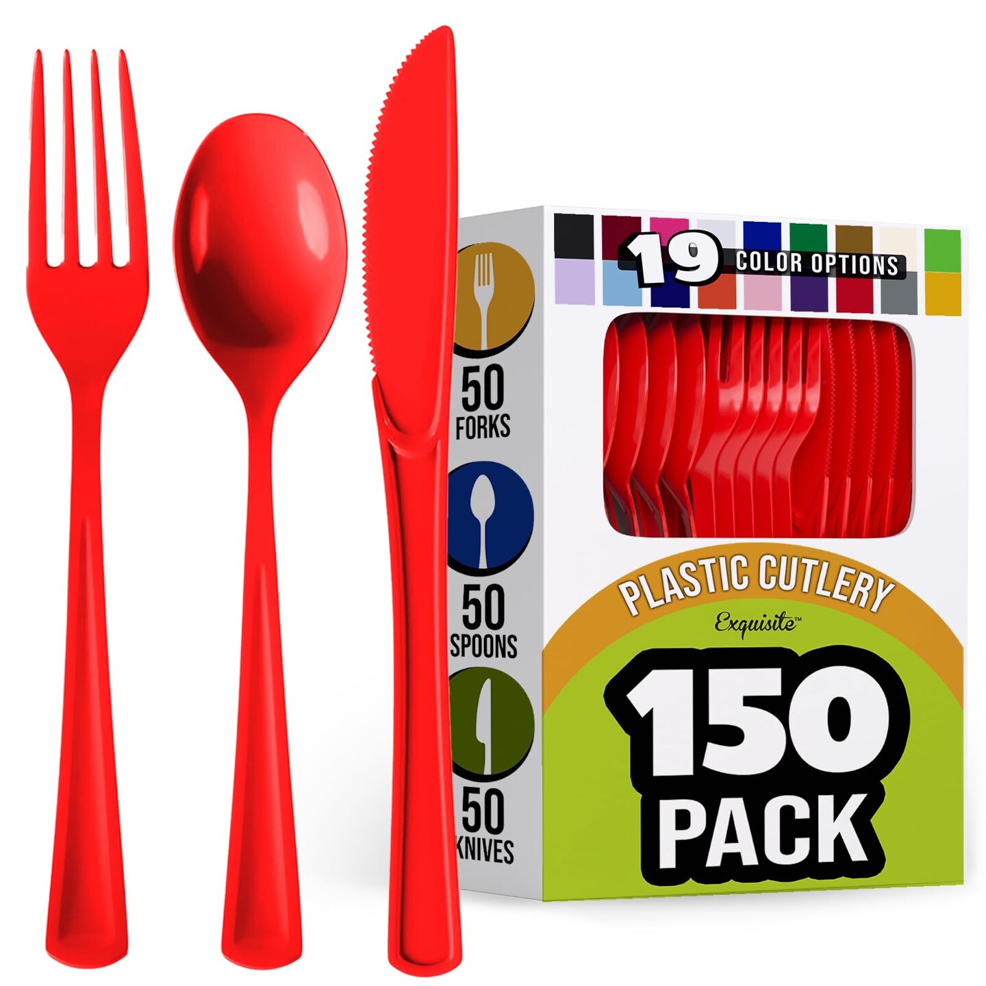 Exquisite Polished Plastic Silverware &#x2013; 150 Pcs Heavy Duty Cutlery Set &#x2013; 50 Each of Forks, Knives &#x26; Spoons &#x2013; Disposable Utensil Set for Parties, Events &#x26; Catering &#x2013; Flatware Set by Party Solids