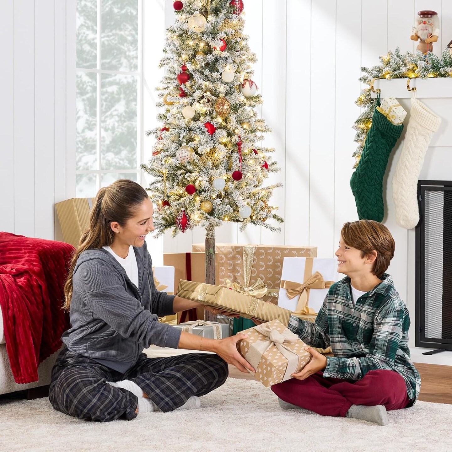 Flocked Pencil Christmas Tree Slim Alpine Green Tree with 250 LED Lights, Snowy Branches &#x26; Metal Stand
