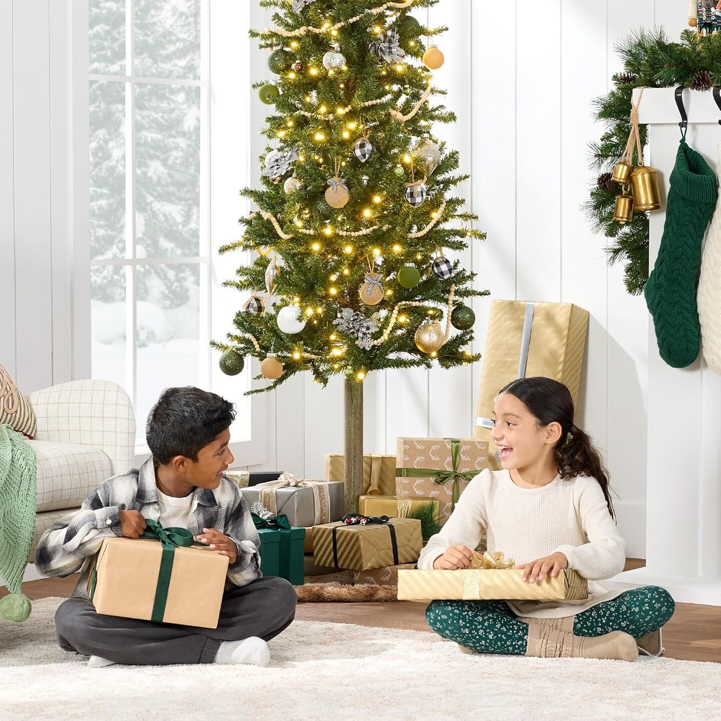 Pre Lit Pencil Christmas Tree Slim Alpine Design with LED Lights, Hinged Branches &#x26; Metal Stand