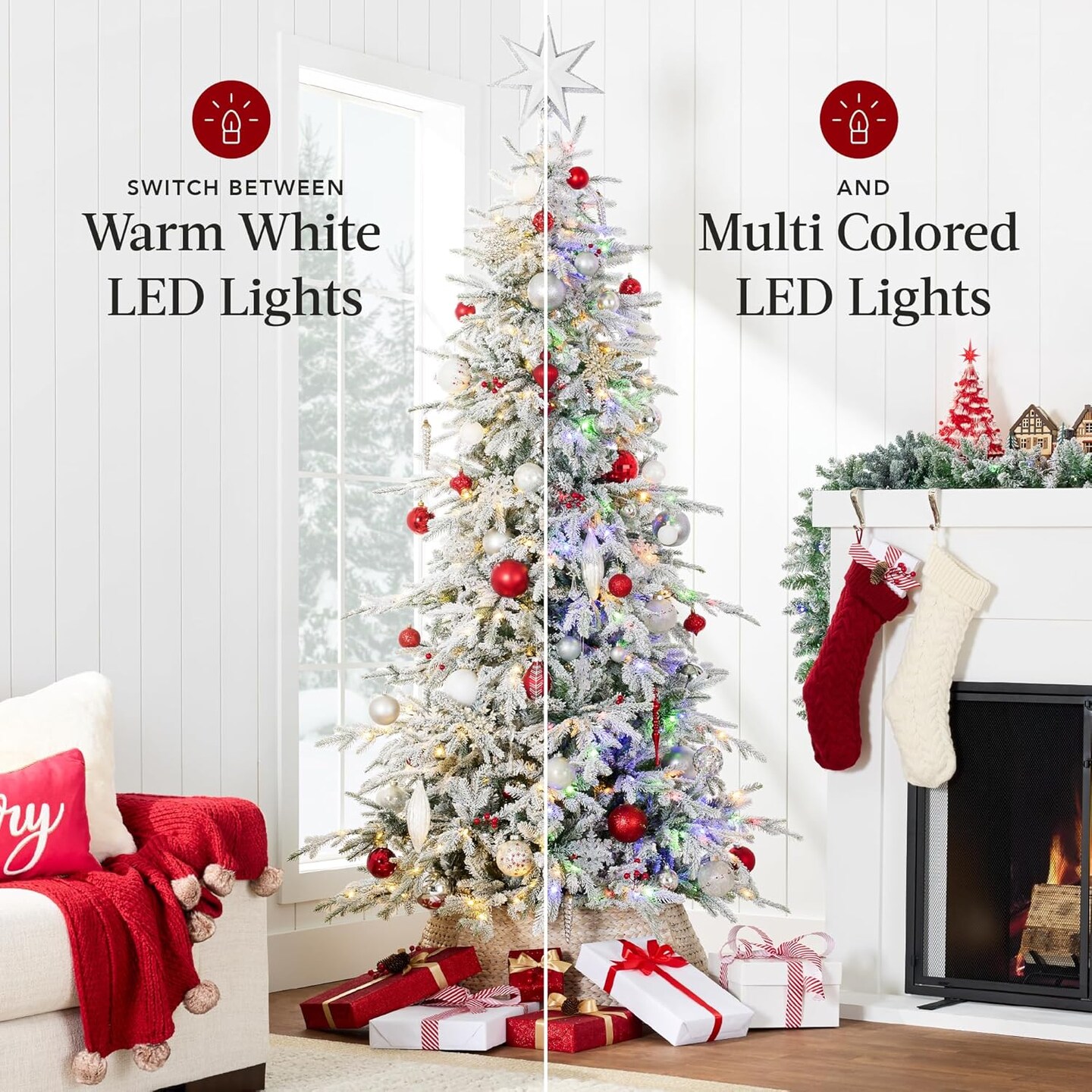 Flocked Aspen Christmas Tree Pre Lit Noble Fir with White & Multicolor LED Lights, Slim Holiday Decor