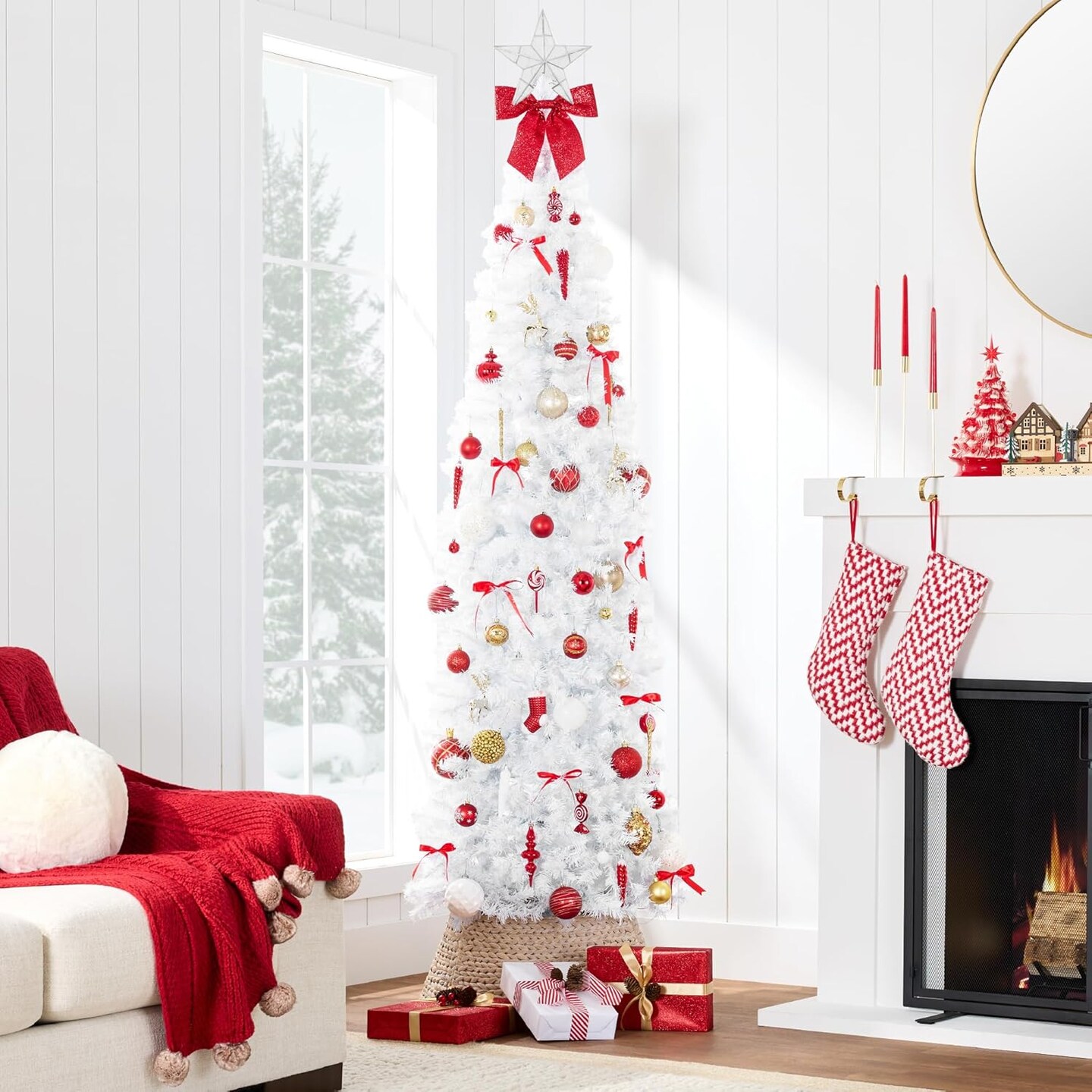 Pencil Christmas Tree Unlit Slim Artificial Tree with Foldable Base &#x26; Easy Assembly