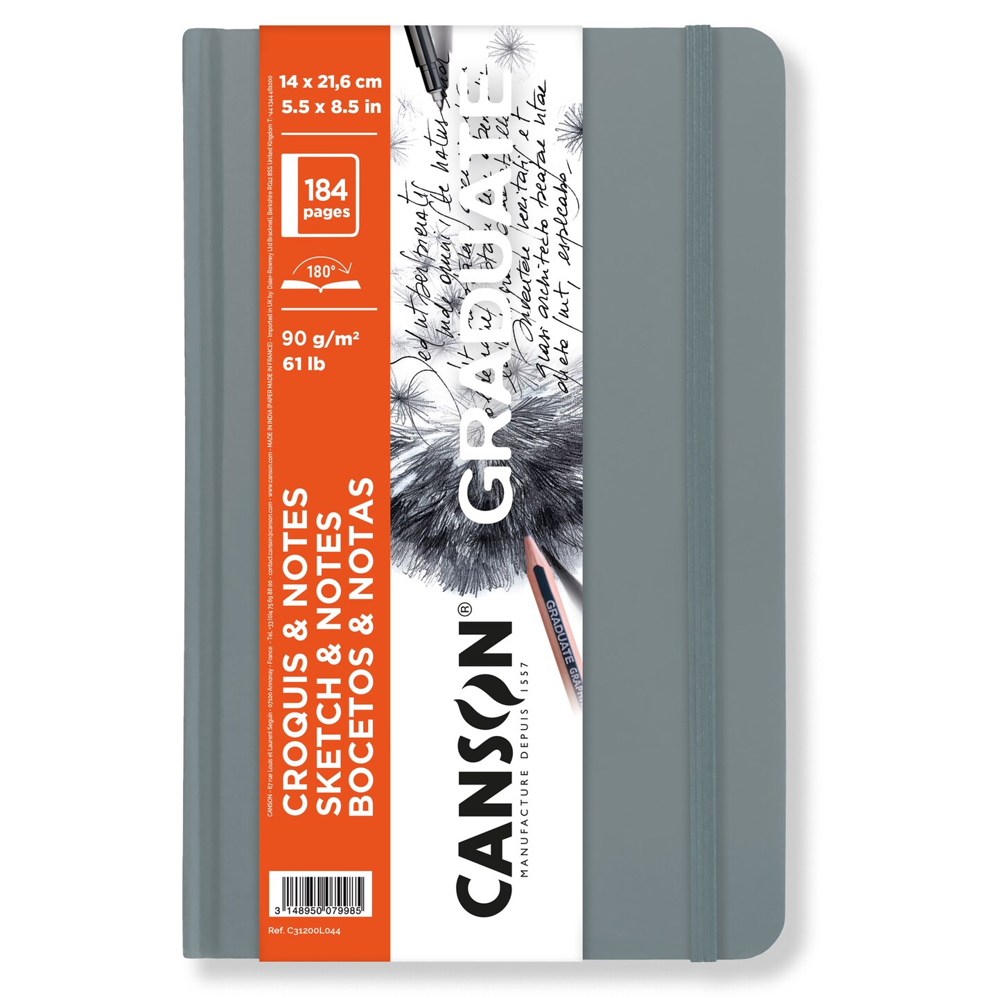 Canson Graduate Sketch & Notes Hardcover Book Grey 5.5"x8.5"-92 sheets