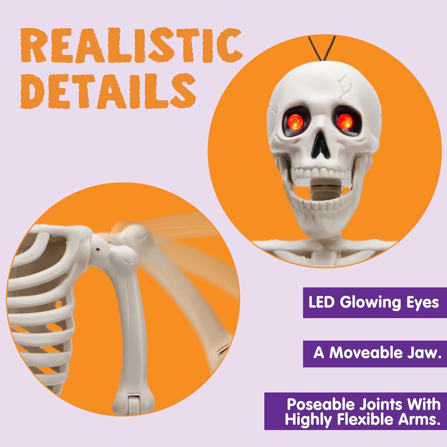 24 Inch Halloween Posable Skeleton with LED Red Glowing Eyes, 2FT Realistic