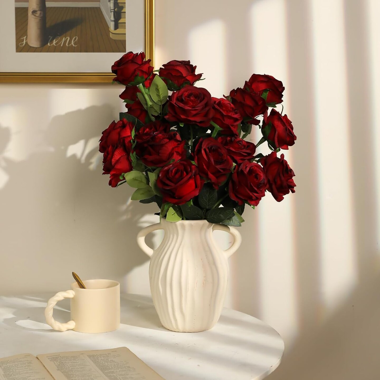 24pcs Artificial Burgundy Roses – Realistic Silk Flowers with Long Stems for Wedding, Bridal Bouquet, Party, Table Centerpiece, Home & Event Decor
