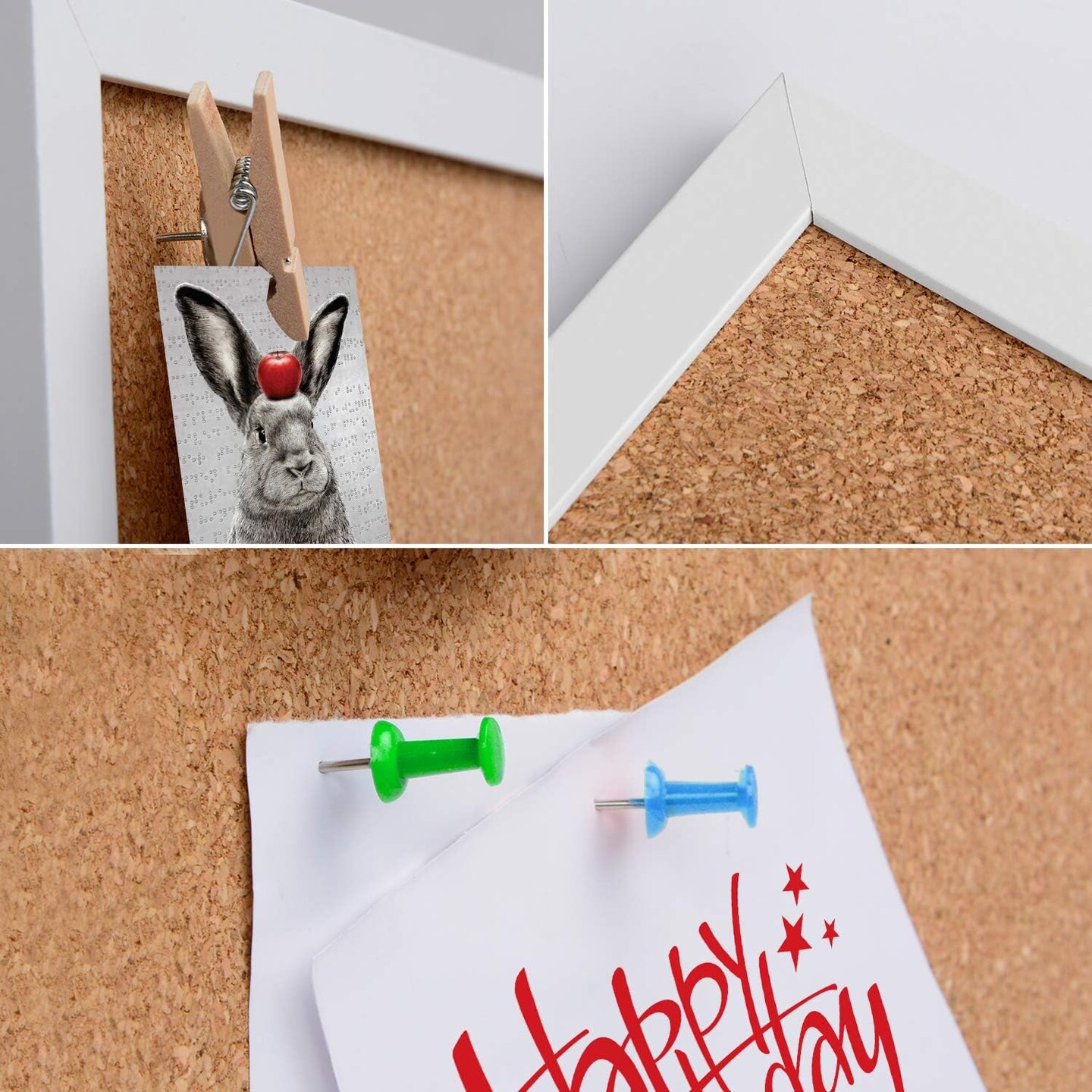 4 Pack Cork Bulletin Board with Push Pins and Wood Clips - 12x12 (White Framed)