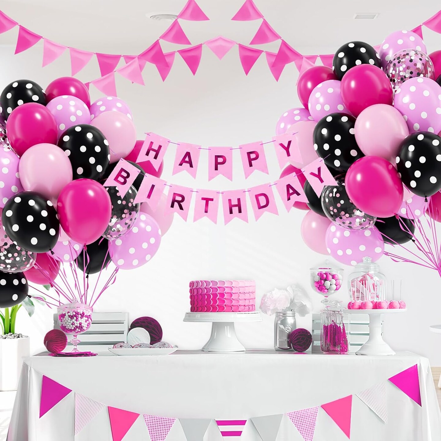 12inch with Hot Pink Black Print Confetti BalloonsFoil Balloon(Pink Black)