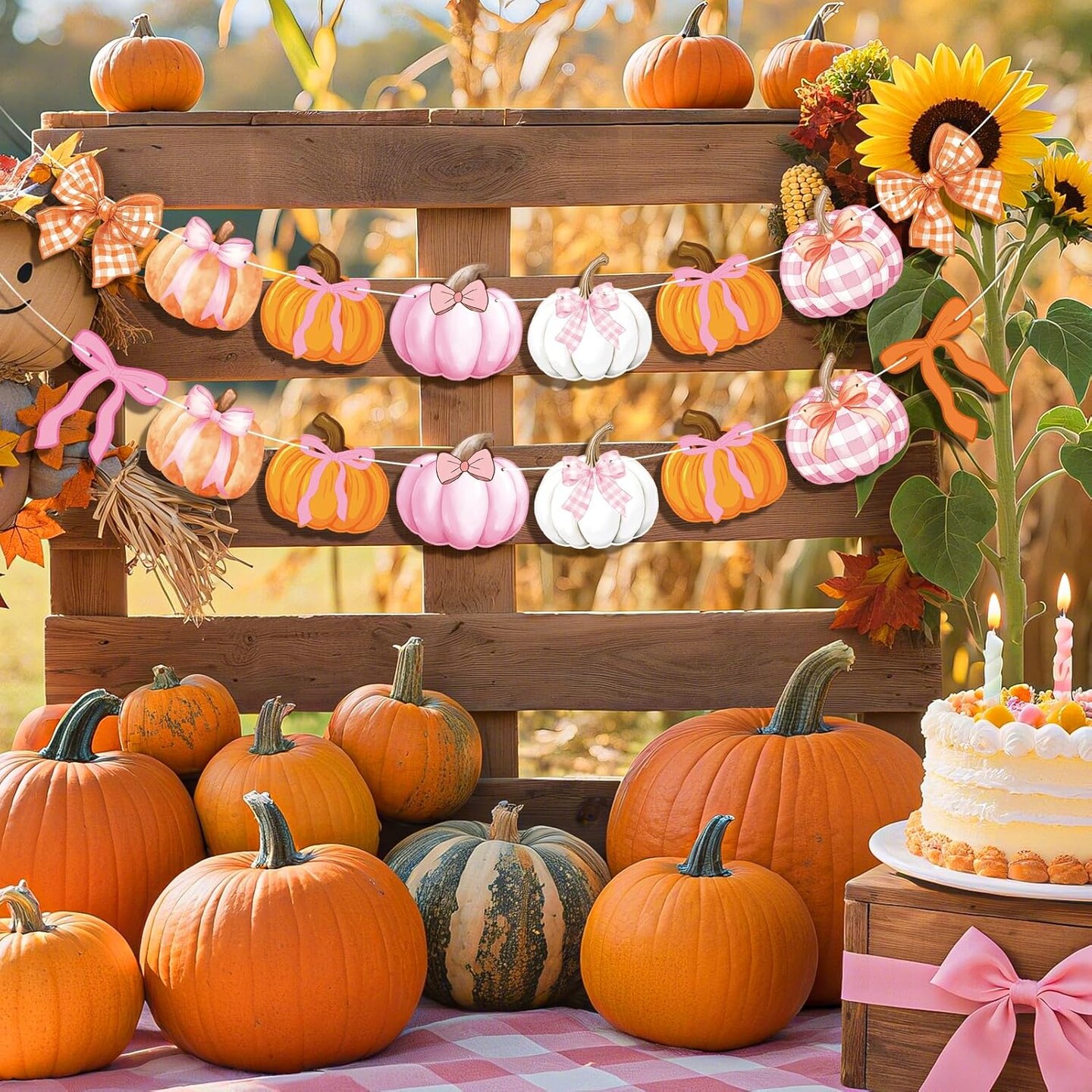 3Pcs Pumpkin Bow Banner (&#x9;Pink, Orange)