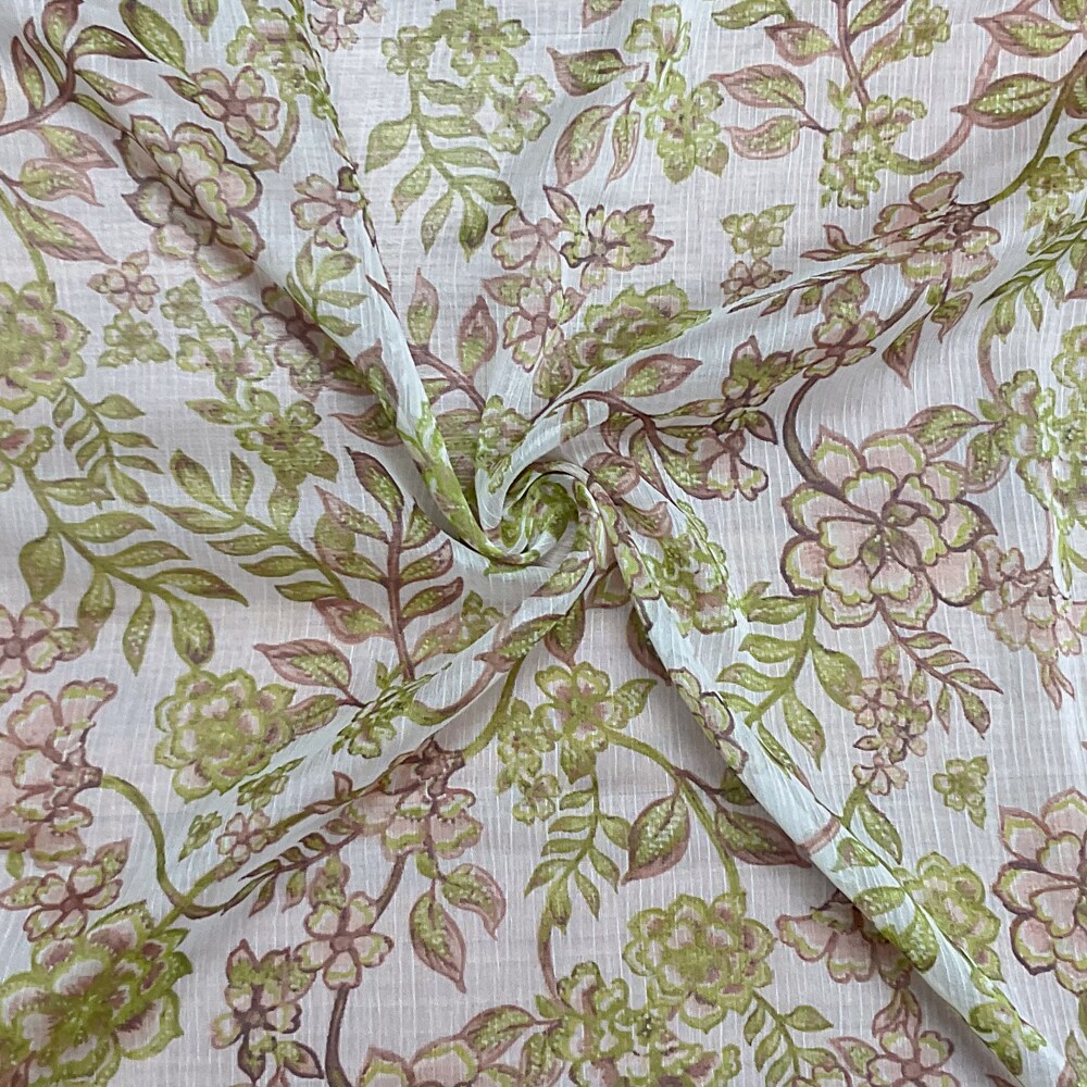 Green-White-Multi Poly Floral Printed Crinkle Yoryu Chiffon Woven Fabric By the Yard