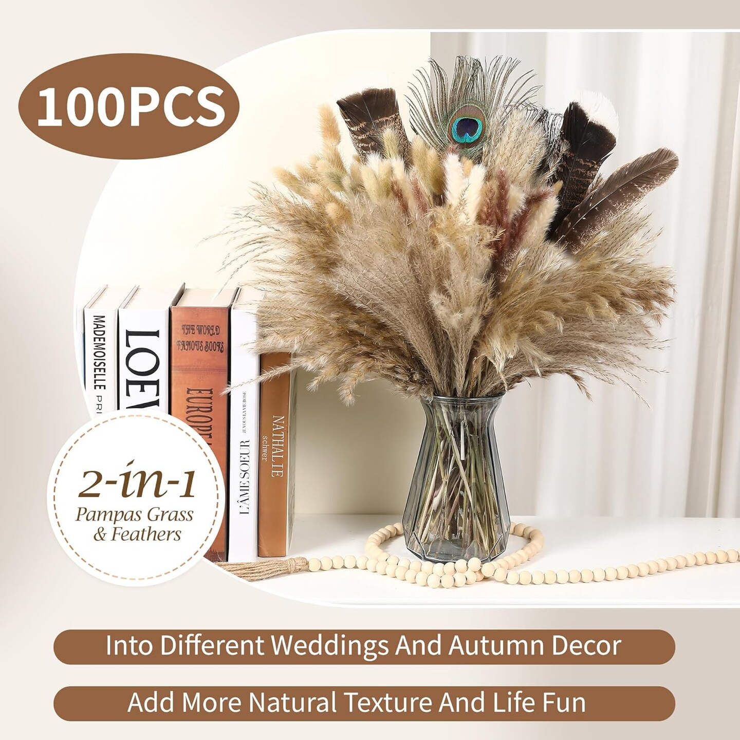 2-in-1 Pampas Grass Decor - 100pcs Dried Pampas Grass with Natural Feathers Boho Flowers Arrangement for Vase,Home Wedding Party Centerpiece and Rustic Farmhouse Decor