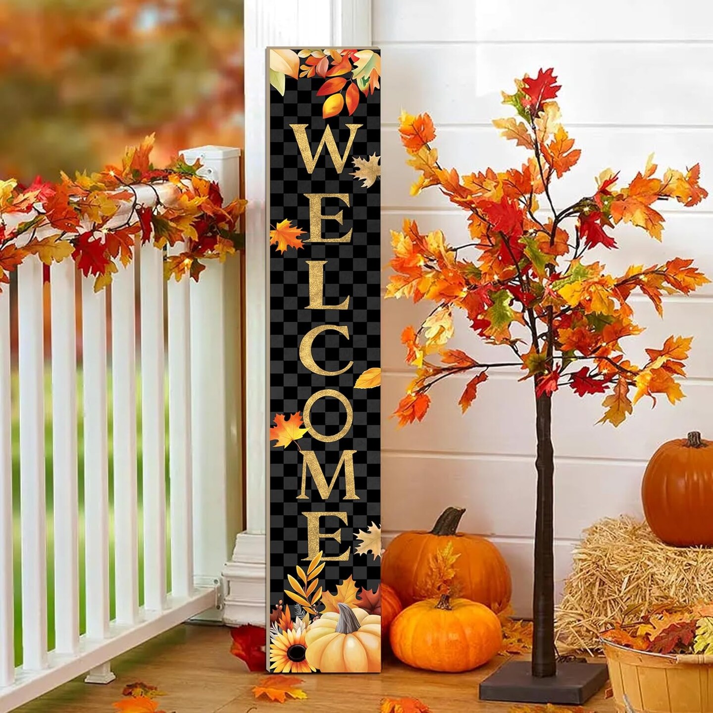 Fall Wooden Porch Sign 47&#x22; Autumn Pumpkin Maple Leaf(Black)