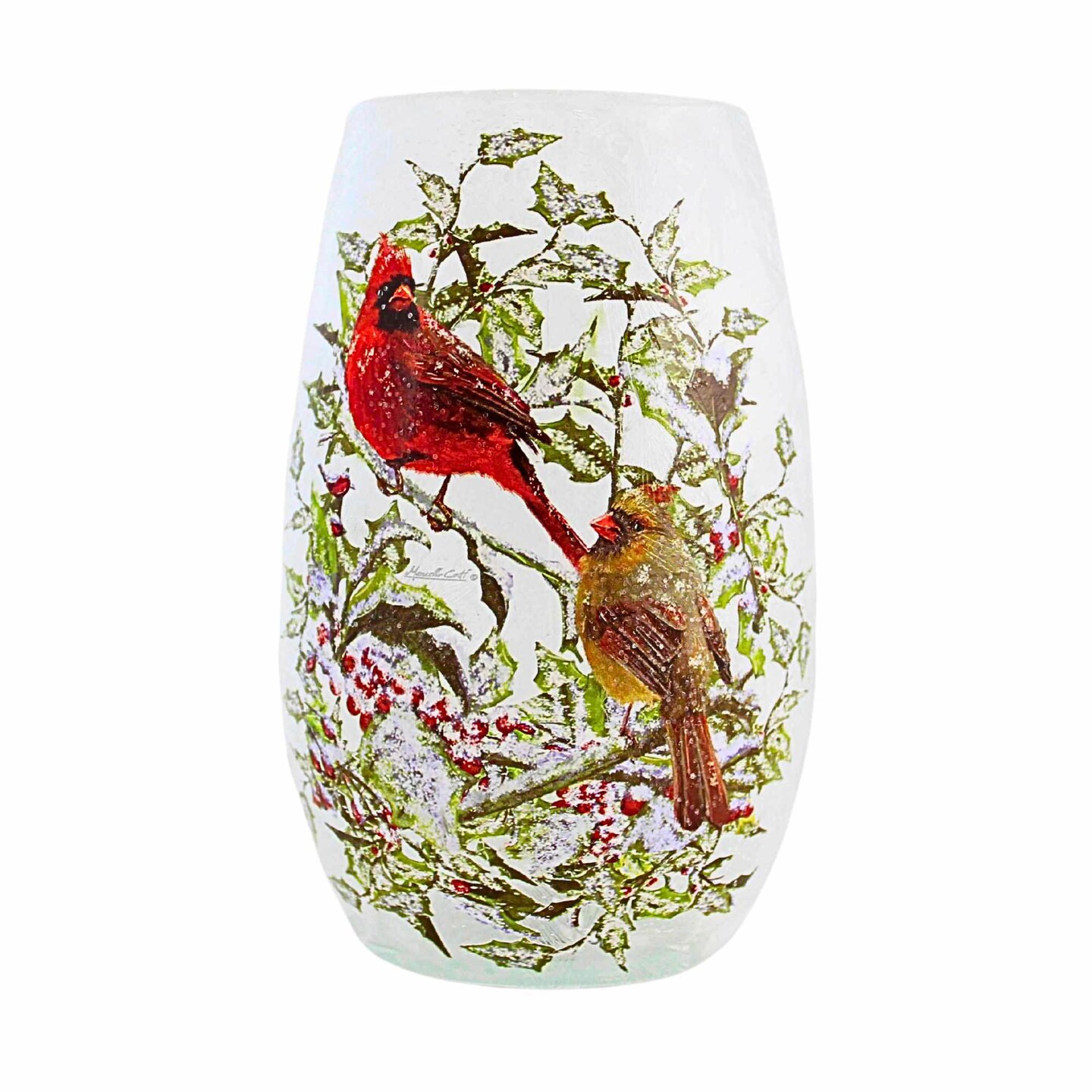 Stony Creek 5.25 In Holly & Cardinals Pre-Lit Small Vase Christmas Lighted Glass Accent , Christmas Decor Berries Frosted Snow