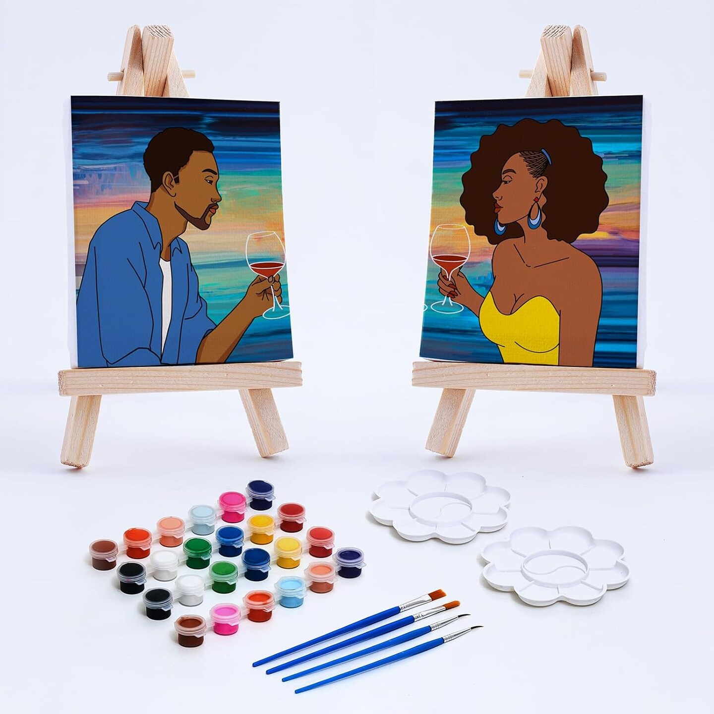2 Pack Sip and Paint Kits - Afro Couple Pre Drawn Canvas (8x10)