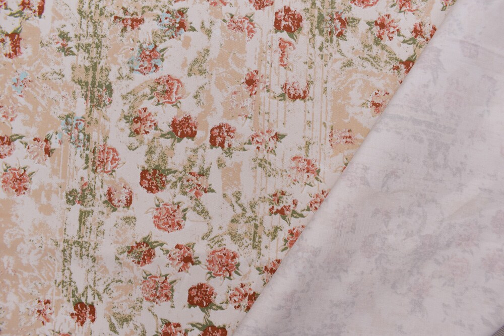 Peach-Multi  Floral Texture Printed Stretch Twill Sateen Woven Fabric By the Yard