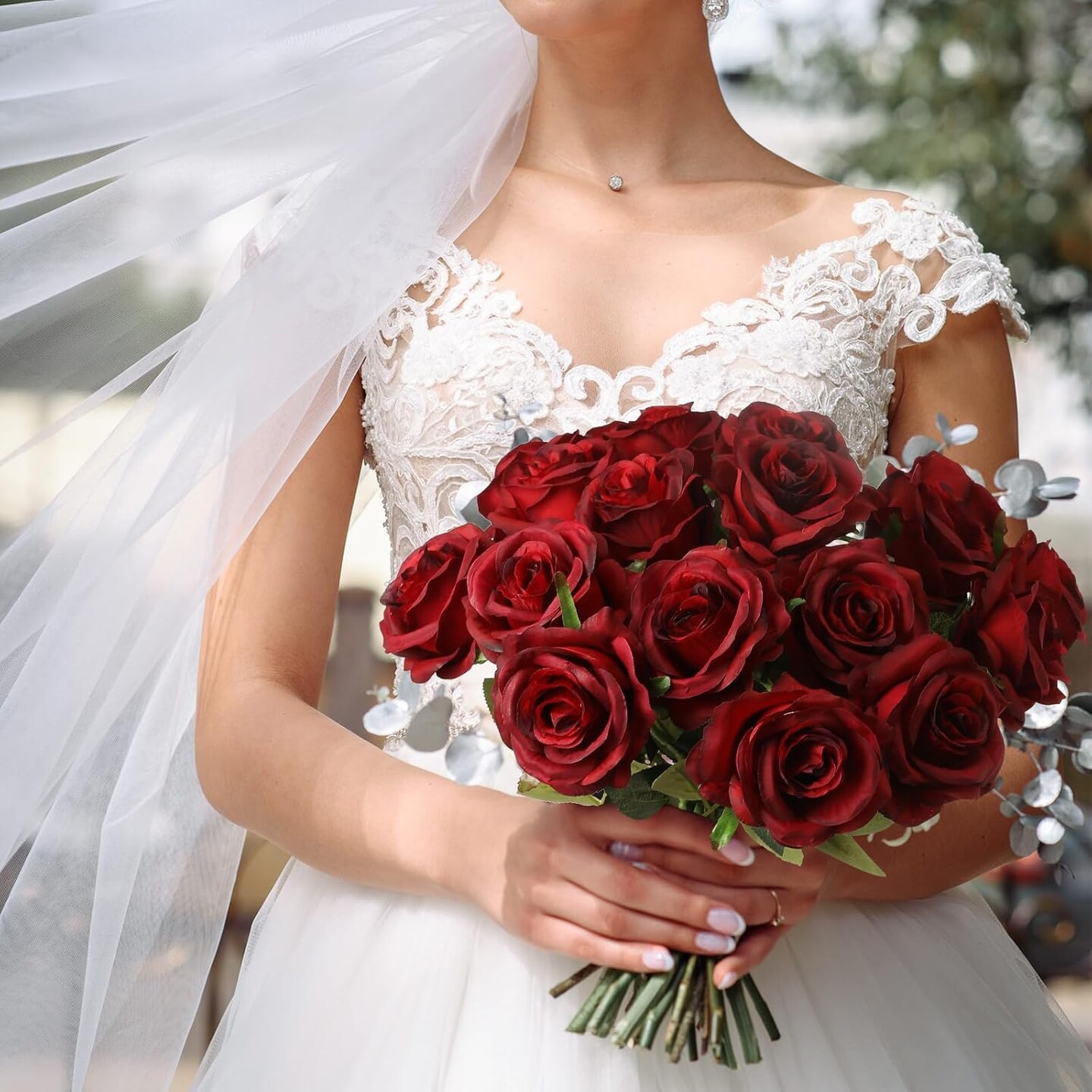 24pcs Artificial Burgundy Roses – Realistic Silk Flowers with Long Stems for Wedding, Bridal Bouquet, Party, Table Centerpiece, Home & Event Decor