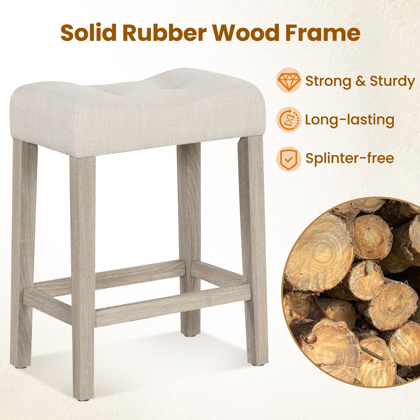 Gray Upholstered Bar Stools Set of 2 with Rubber Wood Frame and Tufted Seat for Kitchen Counter