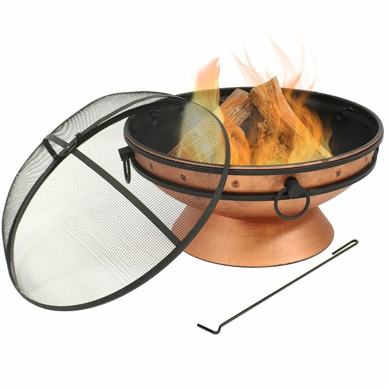 31 Inch Steel Wood Burning Cauldron Fire Pit with Log Grate Spark Screen and Fire Poker Copper Finish for Patio Backyard Deck