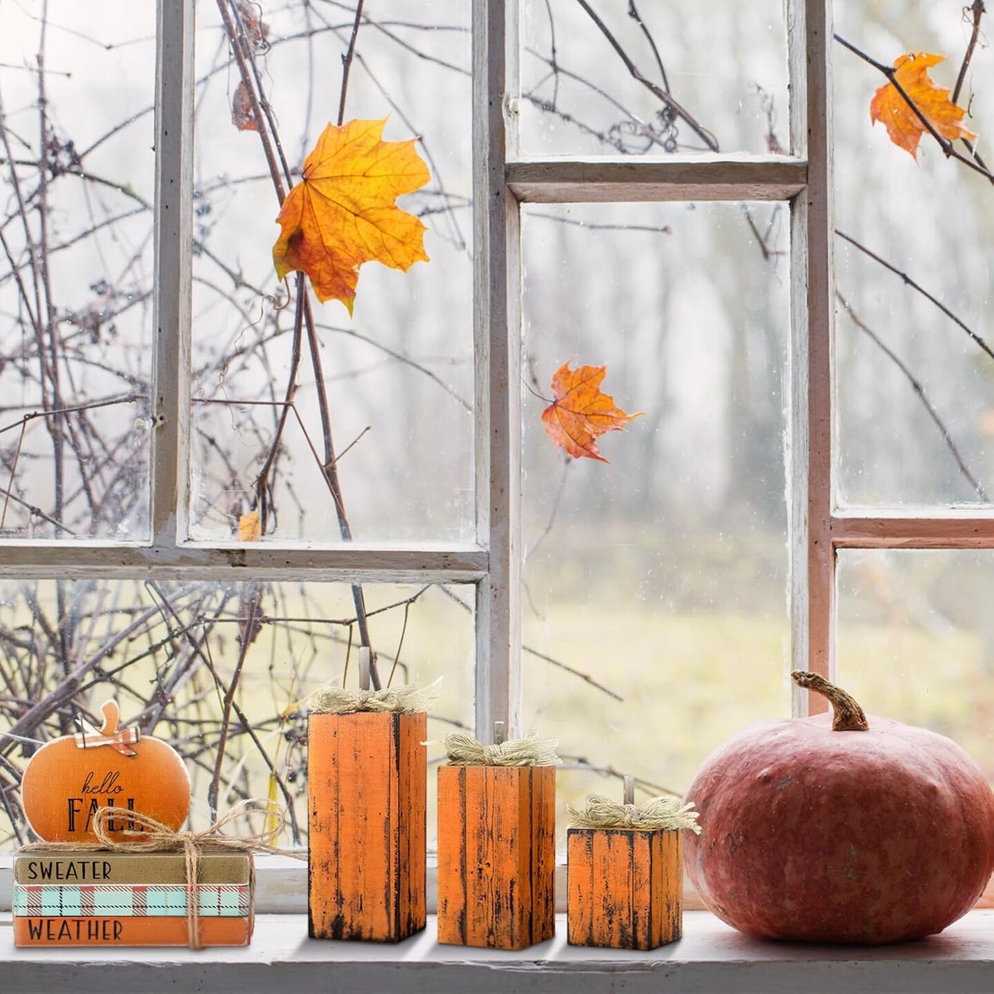 7-Piece Thanksgiving Wooden Harvest Decor Set – Retro Stacked Books, Pumpkin Block Signs & Table Centerpiece Bundle for Tiered Tray, Shelf, Office, Party & Fall Home Decoration
