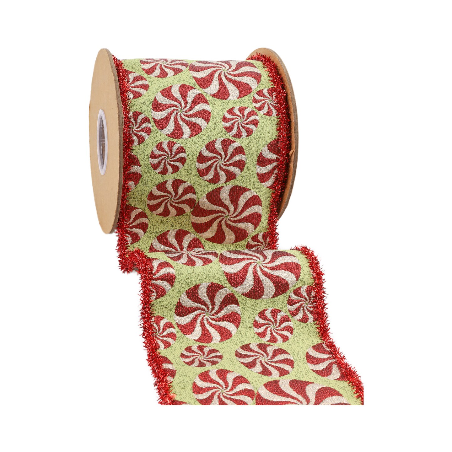 LaRibbons 4" - 2 1/2" Wired Jacquard Ribbon | Peppermint on Fuschia w/ Tinsel Edge | 5 Yard Roll