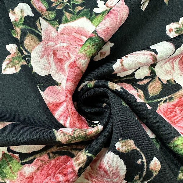 Black and Pink Multi Floral Print Scuba Knit Fabric By the Yard