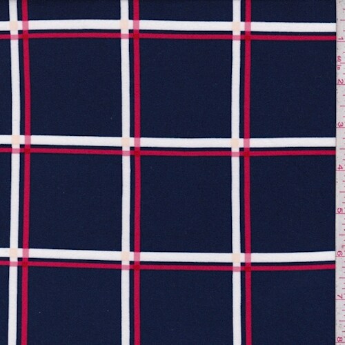 Navy/Pink/White Check Double Brushed Jersey Knit Fabric By the Yard