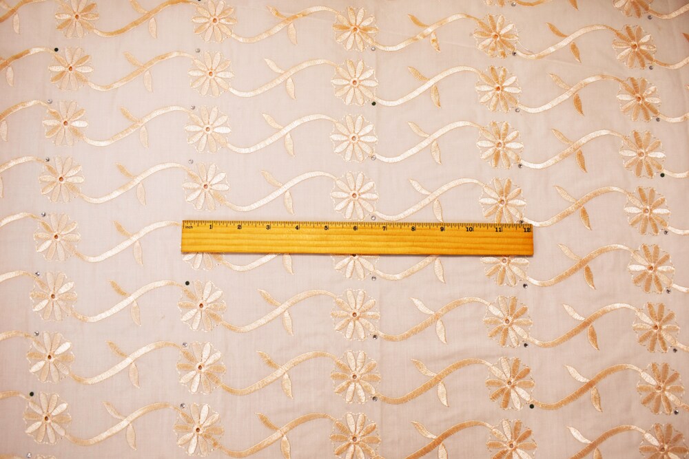 Light Beige Poly-Cotton Embroidered Scallop Rhinestone Woven Fabric By the Yard