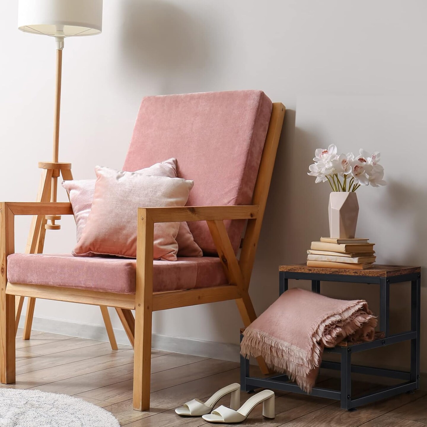 2-Step Steel Frame Stool with Wooden Steps - 500 lb Capacity Heavy Duty Non-Slip Step Stool for High Bed, Kitchen, RV (Rustic Brown)