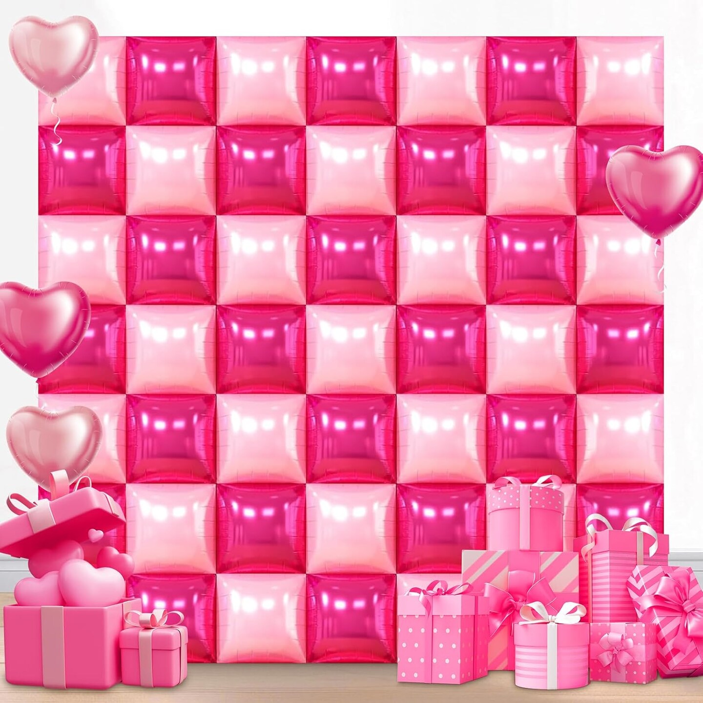 50 PCS Hot Pink Square Foil Balloons, Reusable Double Sided DIY Mylar Balloon Arch & Wall Backdrop Kit for Bridal Wedding Birthday Bachelorette Graduation Baby Shower Party Decorations