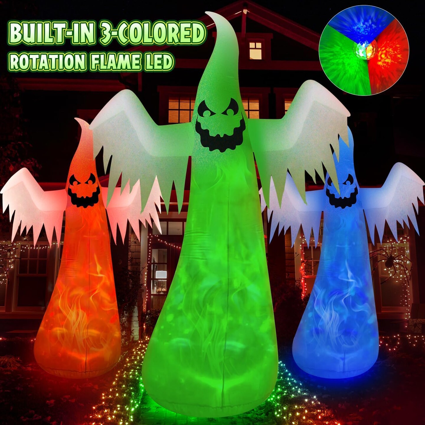 12FT Giant Halloween Inflatables Decorations Outdoor Ghost Built-in 3-Color Changing (White)