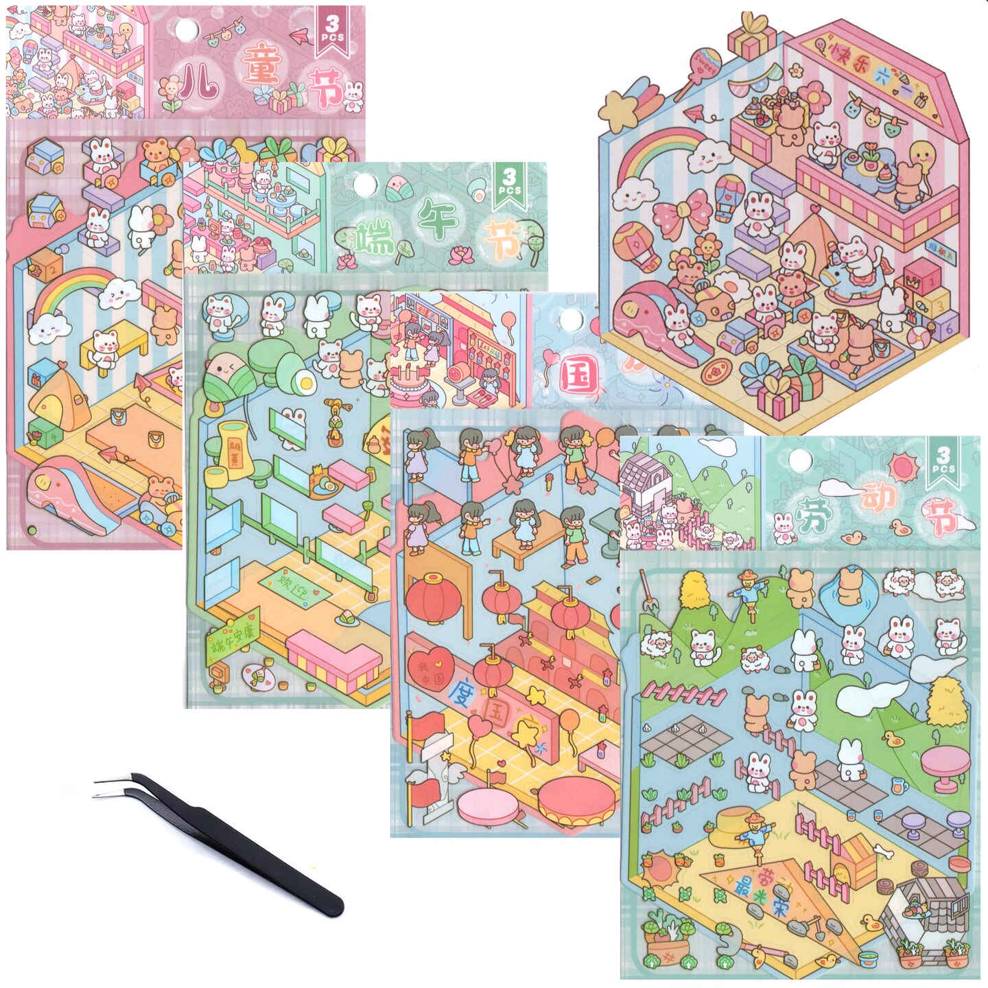 4 Sets Cute Isometric Sticker Landscape Scenes: Party Classroom & Park, Adorabilities