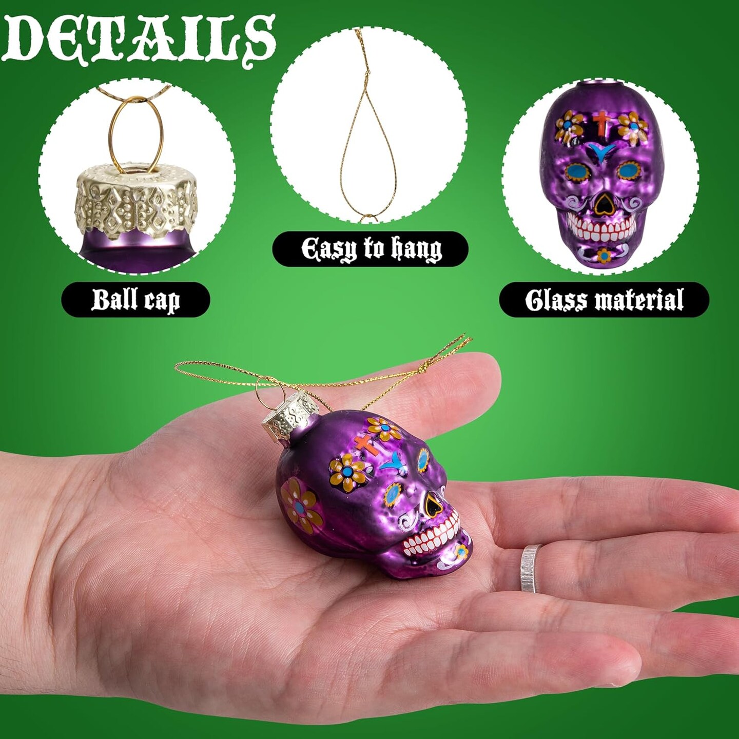 12 Pcs Day of The Dead Glass Ornaments (Skull)