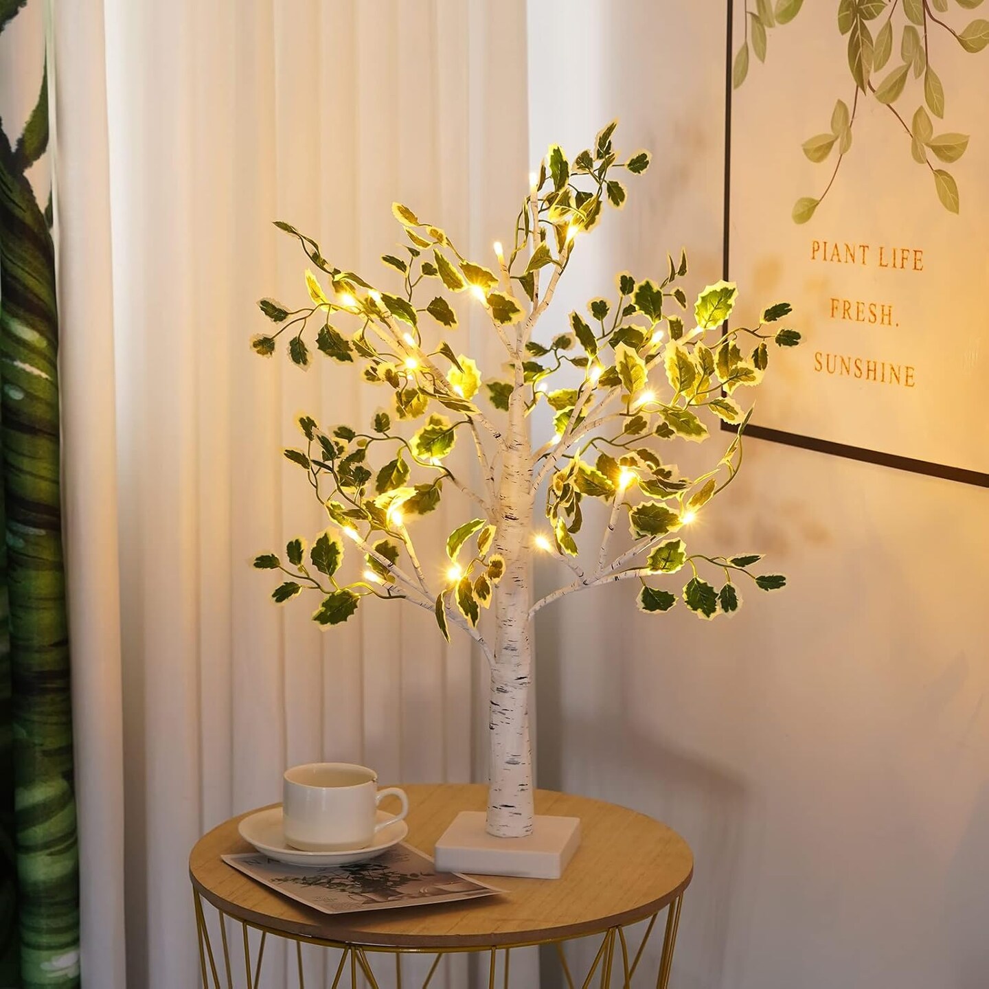 2ft Lighted Birch Tree with Green Leaves & 24 LEDs – USB/Battery Operated Fairy Light Tree with Timer for Christmas, Wedding, Office & Year-Round Indoor Home Decor