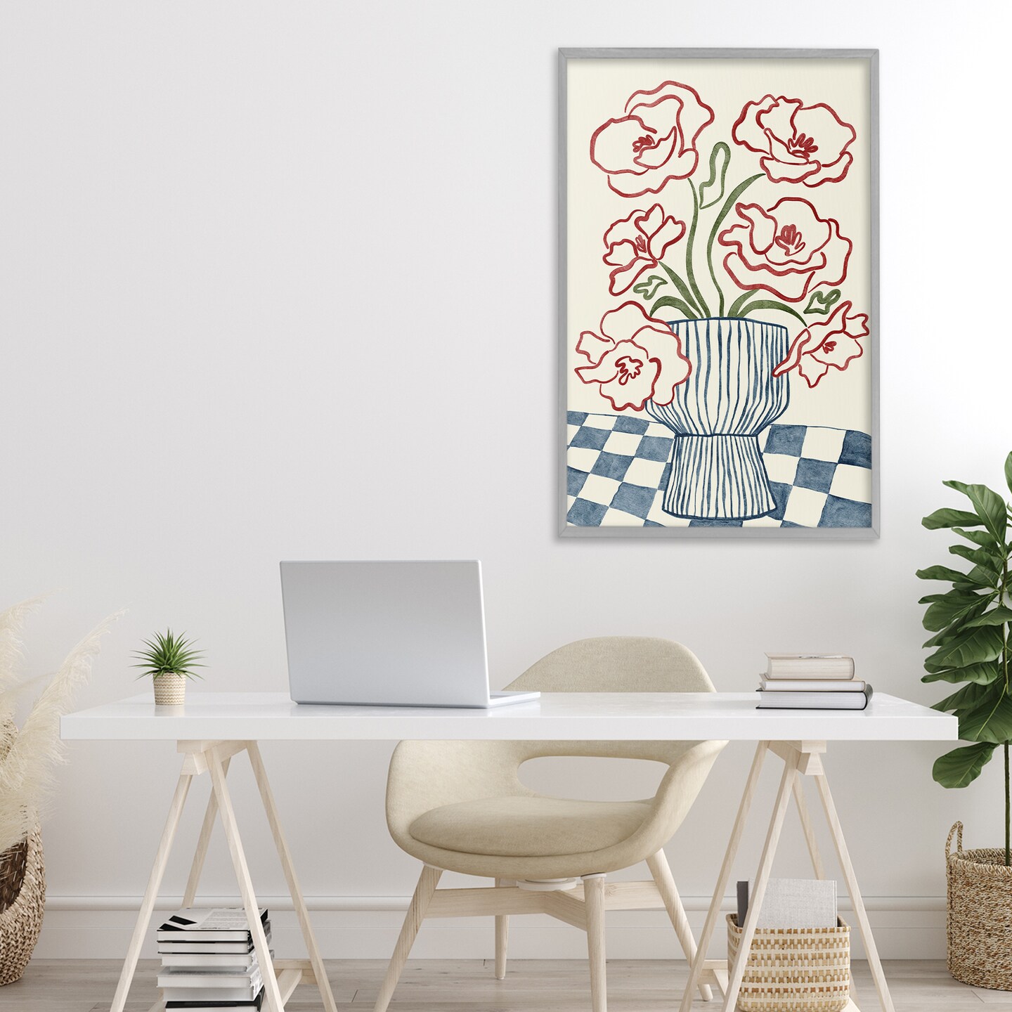 Stupell Industries Flower Vase on Minimal Checkered Framed Giclee, design by JJ Design House LLC