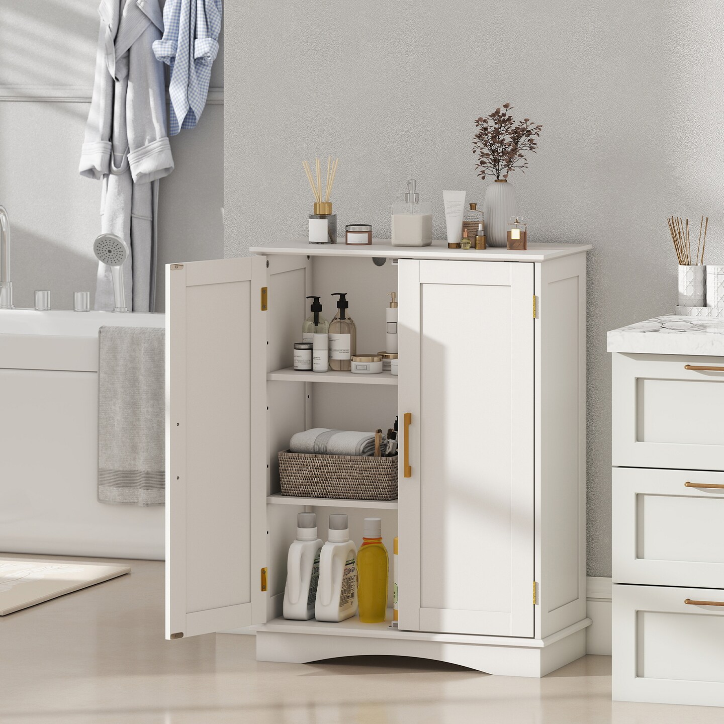 Bathroom Cabinet with 2 Doors, Adjustable Shelves, and Handles